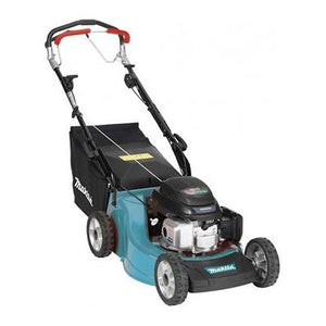 The Makita 51cm Self-Propelled Lawnmower, featuring a Honda GCV190 190cc Autochoke engine, includes a teal body, black handle, and rear grass-collecting bag for an effortless start and self-propelled convenience.