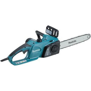 A Makita electric chainsaw, model UC3551A/1, with a blue and black body featuring a powerful 1570W 110V motor and a 35cm silver cutter bar, is shown against a white background.