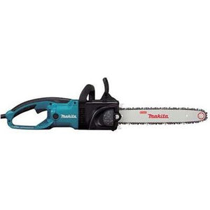 The Makita ELECTRIC CHAINSAW 1900W 240V 40CM BAR - UC4030AK/2 features a turquoise handle and a white and red bar. It comes with a fitted chain, ergonomic grips, safety guards, and tool-less blade change for easy operation and maintenance.