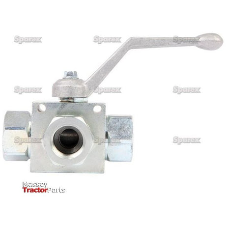 Hydraulic 3-Way Diverter Ball Valve 1/4'' BSP (S.101611) from Sparex, designed for fluid control with a metal lever and mounting holes, displayed against a white background. The product features include branding by "Sparex" and "Massey Tractor Parts," as well as a 3 port diverter capable of handling high pressure conditions.