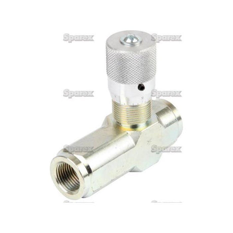 A Sparex Hydraulic Flow Control Valve 1/2BSP with free flow check (S.101635) features a silver finish, threaded 1/2" BSP end, and knurled adjustment knob, suitable for systems up to 350BAR.