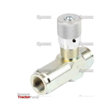 A silver Hydraulic Flow Control Valve 3/8''BSP with a free flow check (S.101634) featuring threaded connectors and a textured knob, displayed against a white background. The brand logos 'Sparex' and 'Massey Tractor Parts' are faintly visible. Detailed product specifications are provided to ensure suitability for various applications.