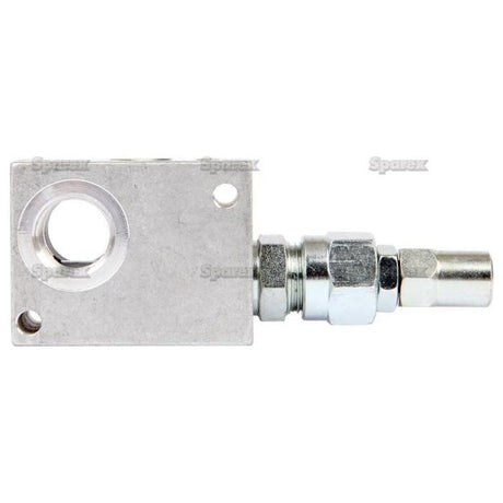 A product named Hydraulic Relief Valve Direct Acting 1/2''BSP - S.101617 by Sparex features a metallic hydraulic block with an attached pipe fitting and a direct acting relief valve. The block includes circular and rectangular openings and is connected to a cylindrical component on the right side.