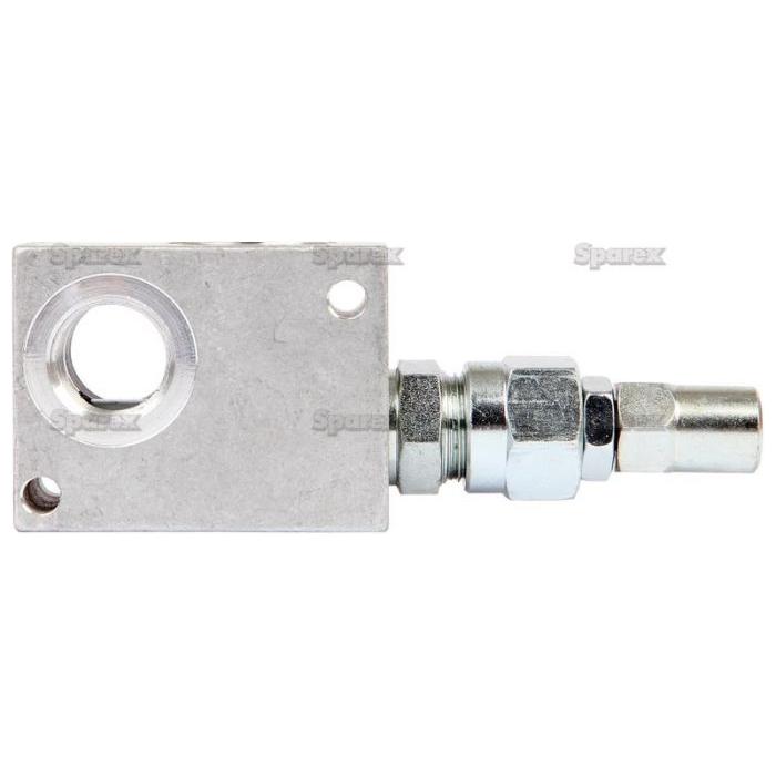 The Sparex Hydraulic Relief Valve Direct Acting 3/4''BSP - S.101618 features a metal hydraulic block with a circular opening on the left side, an attached threaded connector and fitting on the right side, and is capable of handling a maximum pressure of 210 bar.
