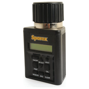 The Sparex MT-PRO Grain Moisture Tester (Non-Grinding) - S.27470, a sophisticated black electronic device, features a digital display and multiple buttons including ON/OFF, SELECT, LIGHT, TEST, CALIBRATION BUTTON, MEMORY, AVG, and CLEAR; it is perfect for grain moisture measurement tasks thanks to its advanced capacitive circuit.