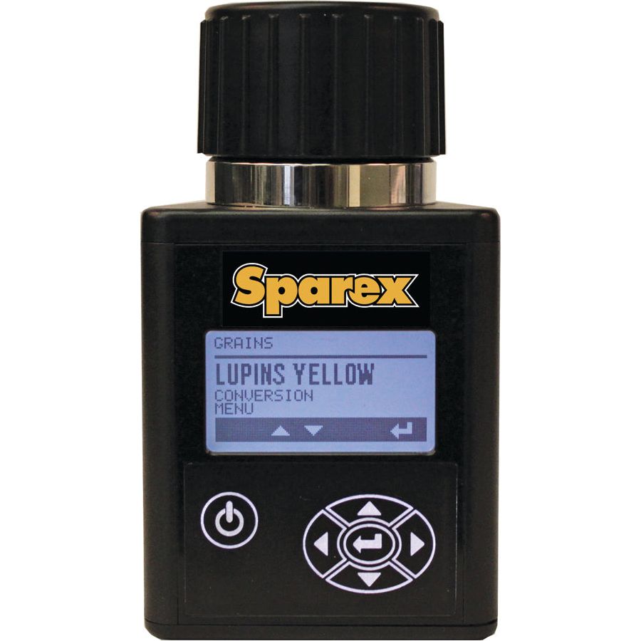 An MT-PRO+ Grain Moisture Tester - S.28675 in black, displaying the "Sparex" logo and a screen reading "Lupins Yellow," complete with manufacture information and various menu options.