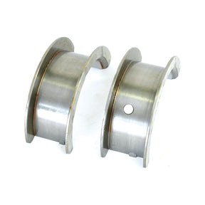 Two metallic Sparex Main Bearings +0.010'' (0.25mm), part number S.31641, side by side, one featuring a hole and one without. These curved bearings have a silver finish and are suitable for John Deere engines.