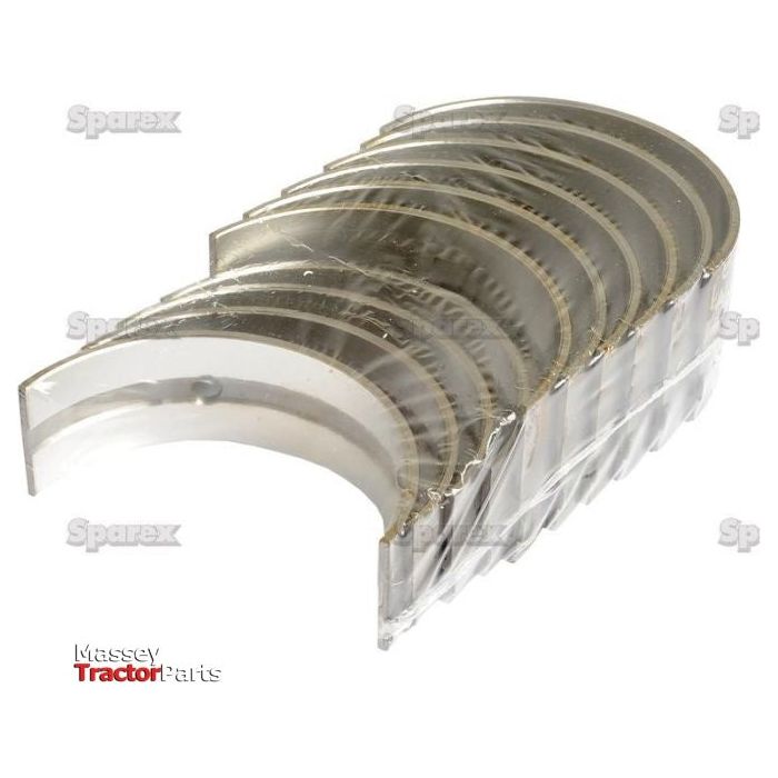 A set of six Sparex main bearings (+0.010'' / 0.25mm, Part No.S.52620) displayed in a curved stack with clear plastic packaging. The background features a watermarked Sparex logo, making it perfect for Leyland engines.
