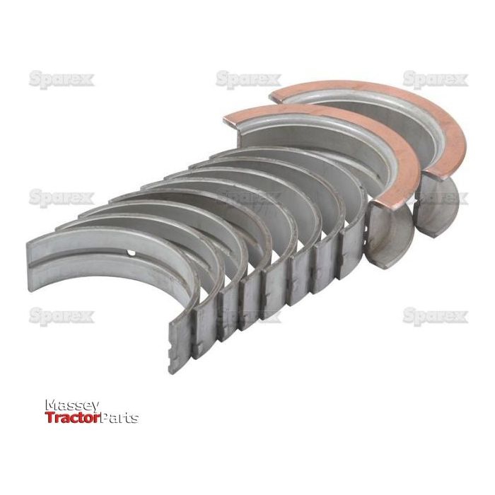 A set of metallic engine bearings arranged in two rows, some with copper-colored elements. The logo "Sparex" is in the bottom left corner, indicating quality components such as the Main Bearing +0.010'' (0.25mm) (Set), Sparex Part No.S.65224, suitable for Ford New Holland systems.