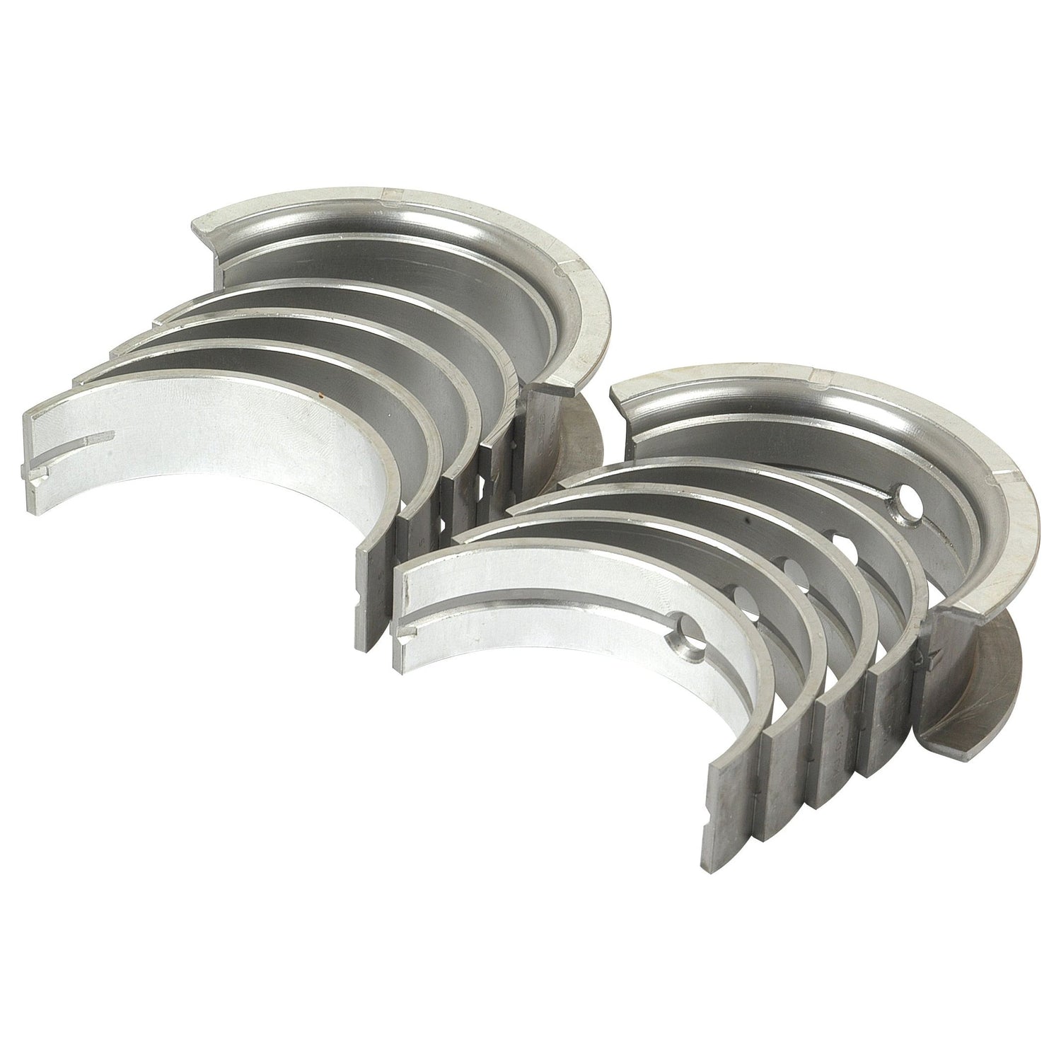 Introducing the Main Bearing +0.020" (0.50mm) Set by Sparex (Part No. S.57661): a set of metal engine bearings arranged in two rows, each with a semi-circular shape and a notched end, suitable for Case IH equipment.