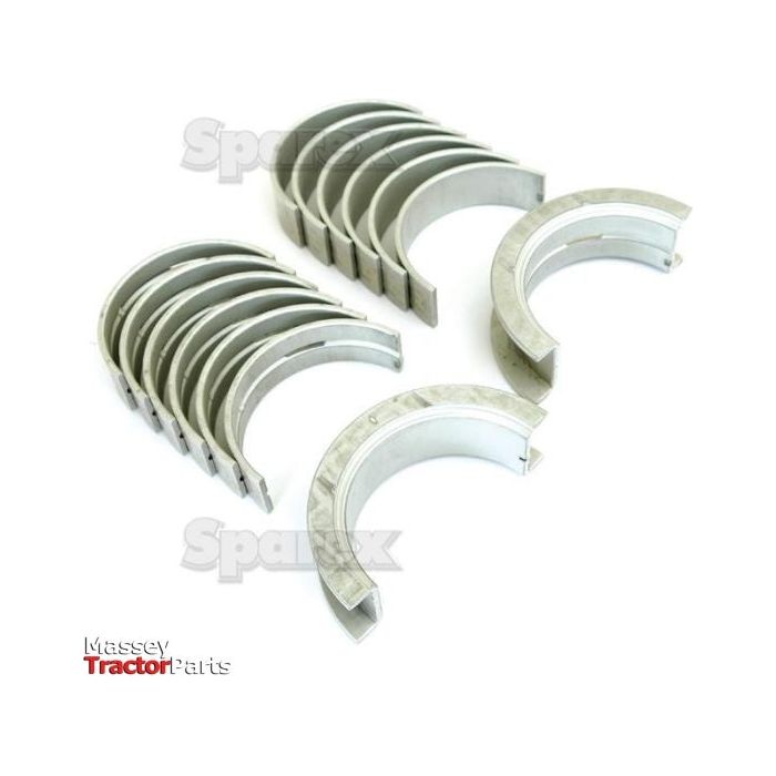 A set of Main Bearing +0.020'' (0.50mm) (Set) arranged in two rows on a white surface, branded with "Massey TractorParts" and "Sparex" logos, alongside a nod to Case IH in the background.
