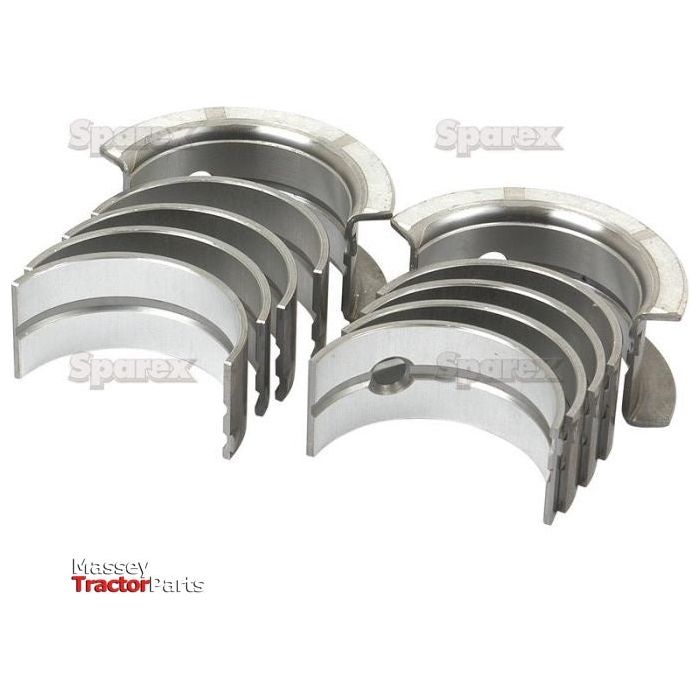 A set of metallic engine bearings displayed fan-wise with the text "Sparex" in the background and "Massey Tractor Parts" at the lower left corner, perfect for Case IH tractors. This is the Sparex Main Bearing +0.020'' (0.50mm) (Set), part number S.57668.