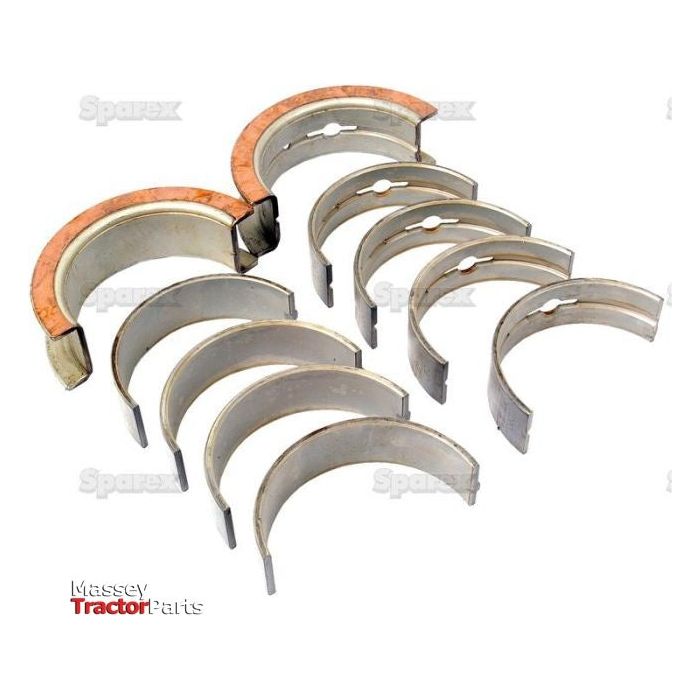 Main bearings are arranged in a semi-circle, with the background displaying "Massey Tractor Parts" and "Sparex." These bearings, part number S.66530 by Sparex, are suitable for Ford / New Holland tractors and have a +0.020'' (0.50mm) specification.