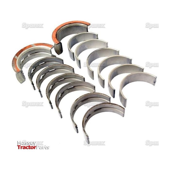 The Main Bearing +0.020'' (0.50mm) set (Sparex Part No.S.66533) from the Sparex brand includes tractor engine bearings arranged in two rows. These metallic main bearings feature a copper color on the inner edge, and the Massey Tractor Parts logo is visible in the corner, making them suitable for Case IH and Ford / New Holland models.