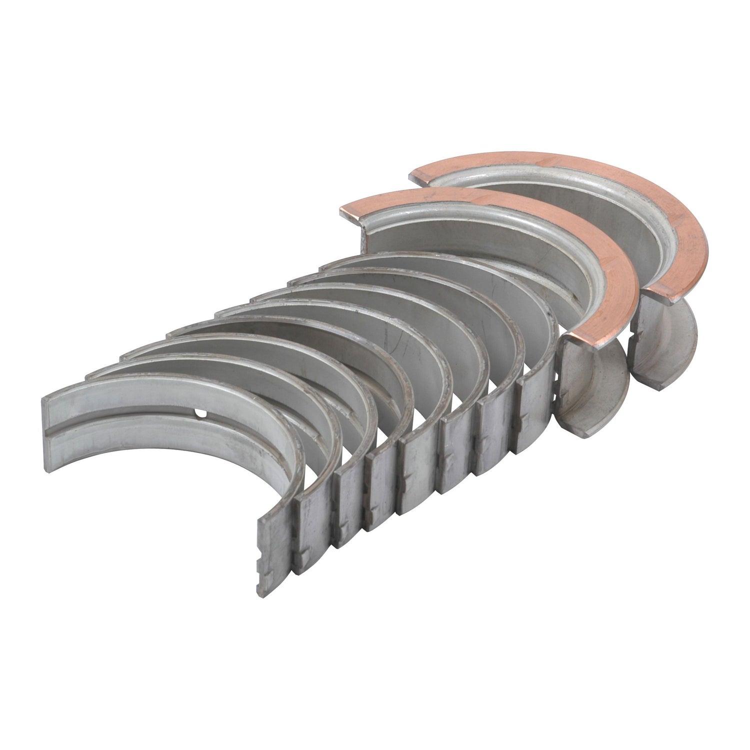 Introducing the Sparex Main Bearing +0.030'' (0.75mm) Set, Part No.S.65226 – a meticulously crafted set of metal engine crankshaft main bearings, arranged in a row, with several featuring a copper-colored layer on the inner surface. These bearings are designed specifically for Ford / New Holland engines and provide an exact fit with their +0.030'' (0.75mm) oversize specification.