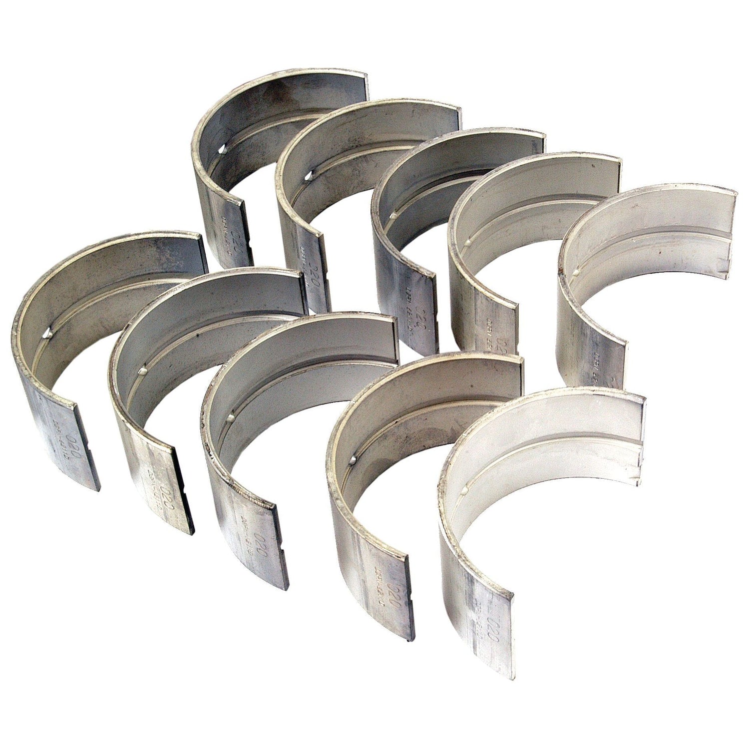A set of eight semi-circular metal engine bearings, including the John Deere RE27368 main bearing, from the Sparex Main Bearing +0.030'' (0.75mm) (Set) | Sparex Part No.S.75810, arranged in two rows on a white background.