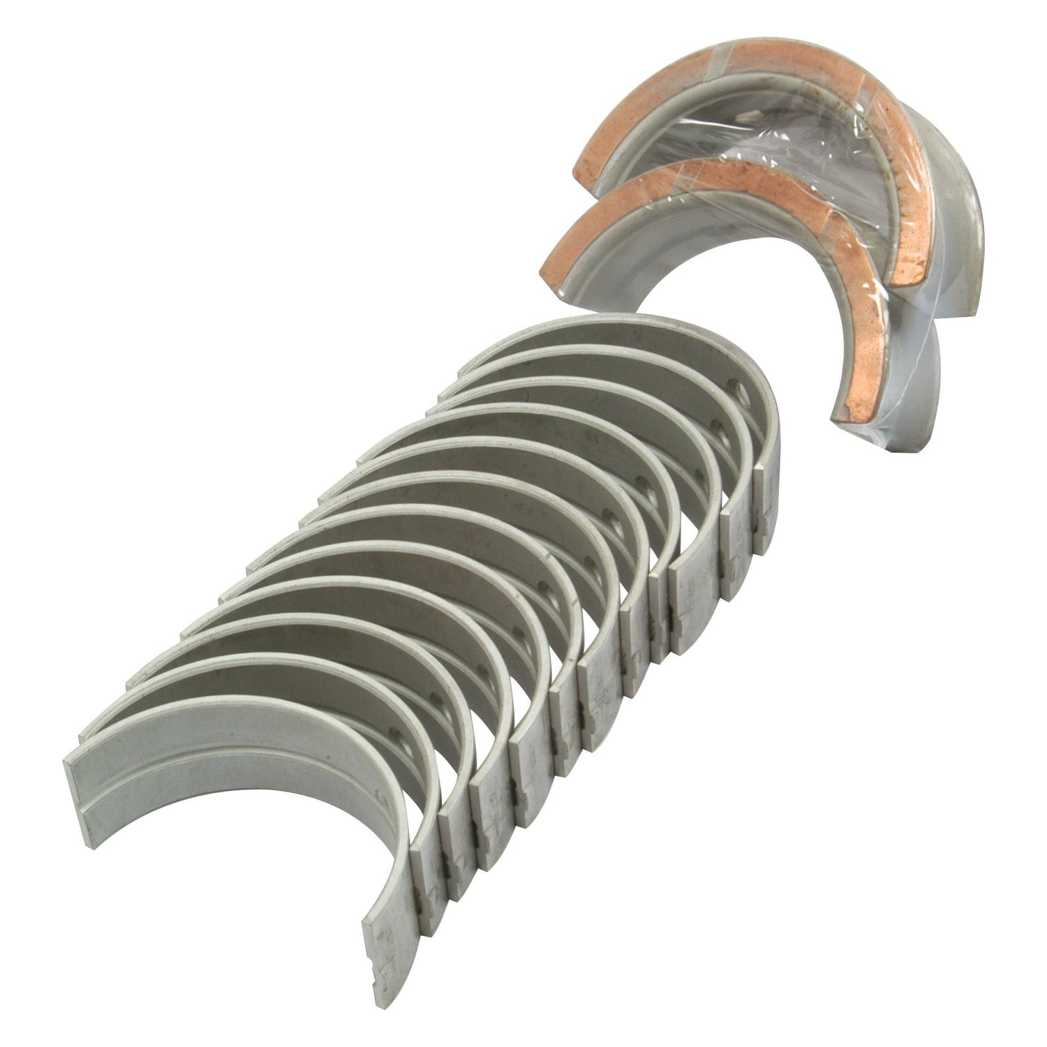 The Sparex Main Bearing +0.030'' (0.75mm) Set (Sparex Part No. S.75853) features a row of metal engine main bearings, some of which are wrapped in clear plastic, making them ideal for John Deere machines.