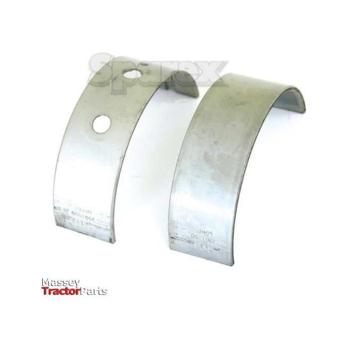 Two curved metallic components labeled "Sparex" in the background and "Massey Tractor Parts" in the bottom left corner. One component features a circular hole near the top, resembling the precision typical of Ford New Holland parts. These are Main Bearing Std. (Pair) with Sparex Part No.S.59558 from Sparex brand.