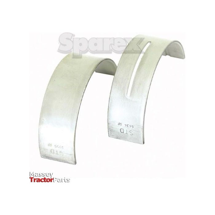 Close-up image of two silver, curved Main Bearing Std. parts (Part No. S.62047) by Sparex placed side by side, one with a slot and both featuring markings. The background includes the "Sparex" logo, highlighting compatibility with Fiat and Allis Chalmers models.
