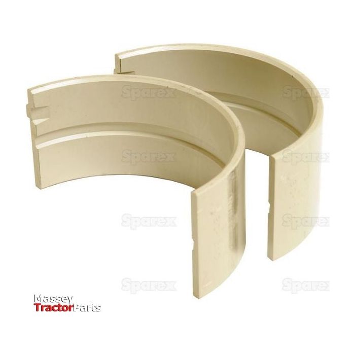 Two beige, curved bearing shells are positioned side by side with notches visible on the inner edges. The Sparex logo is displayed in the bottom left corner, indicating components that include the Main Bearing Std. (Pair) – Sparex Part No.S.67320, compatible with Sisu Diesel systems.