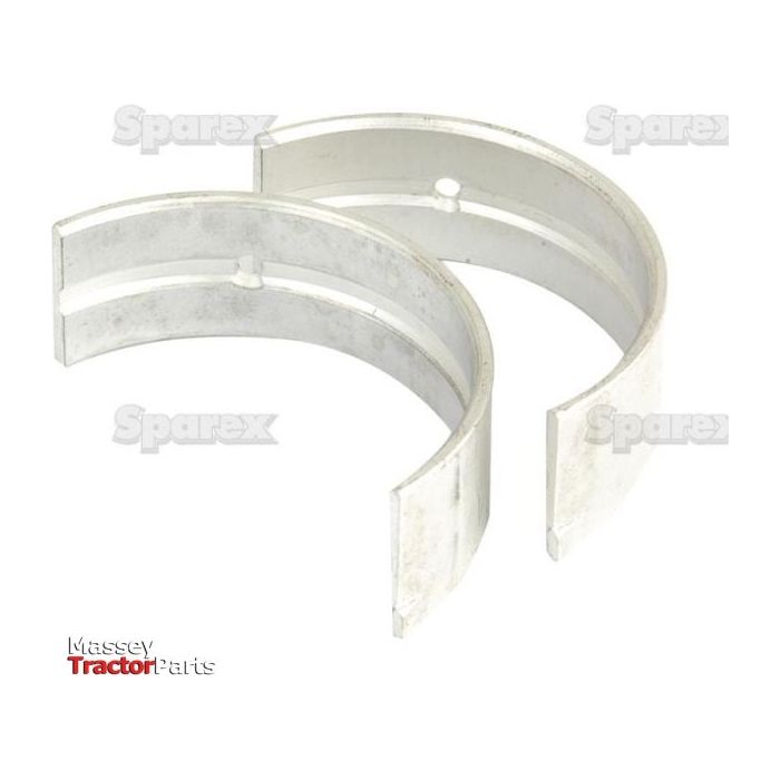 Two metallic half-circle bearing inserts are displayed, positioned to face each other. The background is white, and the faintly repeated Sparex logo adds subtle branding. Complementing this is the Kubota logo alongside the Massey Tractor Parts logo in the bottom left corner, creating a cohesive brand presentation for the Main Bearing Std. (Set) | Sparex Part No. S.22500 by Sparex.