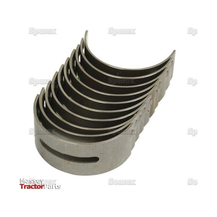 A stack of seven metal crankshaft bearing shells is shown against a plain white background. Text reads "Sparex Main Bearing Std. (Set) - Sparex Part No.S.40339" in the bottom left corner, perfect for your Perkins Build List or Massey Ferguson needs.