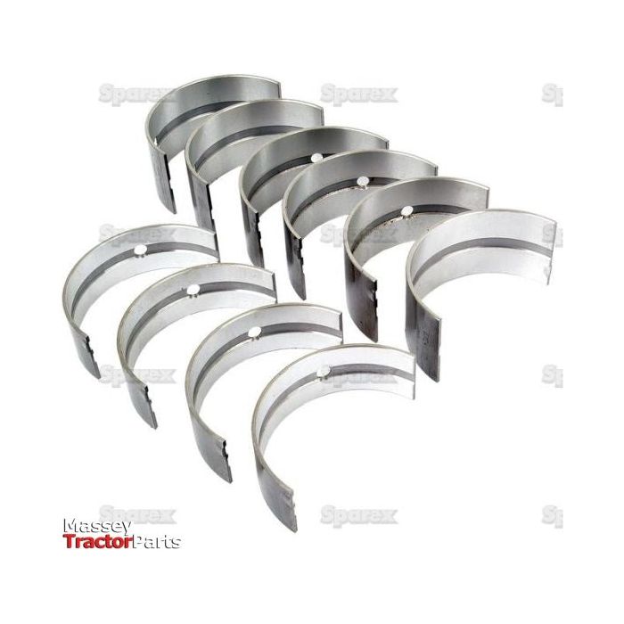 Set of ten semicircular metallic engine bearings, each with a small hole near one end, arranged in two rows. Branded "Sparex" as Main Bearing Std. (Set) with Sparex Part No.S.52619 and labeled under "Massey Tractor Parts".