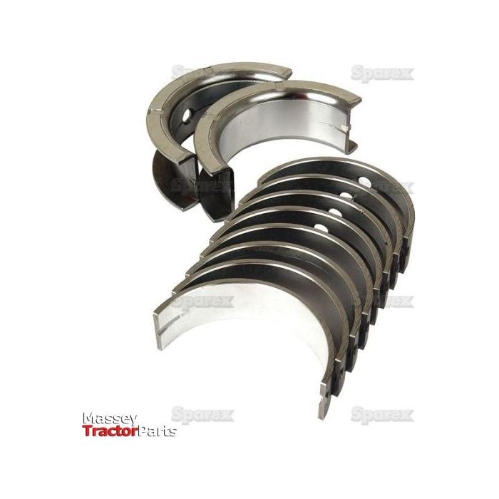 A set of shiny metal engine bearings labeled 'Main Bearing Std. (Set)' with Sparex branding, arranged in two semi-circular rows, displayed on a white background with the 'Massey Tractor Parts' logo visible in the bottom left. Perfect for International Harvester and Case IH machinery.