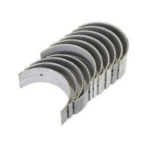 A set of eight semi-circular metal engine bearings, Main Bearing Std. (Set) | Sparex Part No.S.62050 from Sparex, arranged upright in a row on a white background.