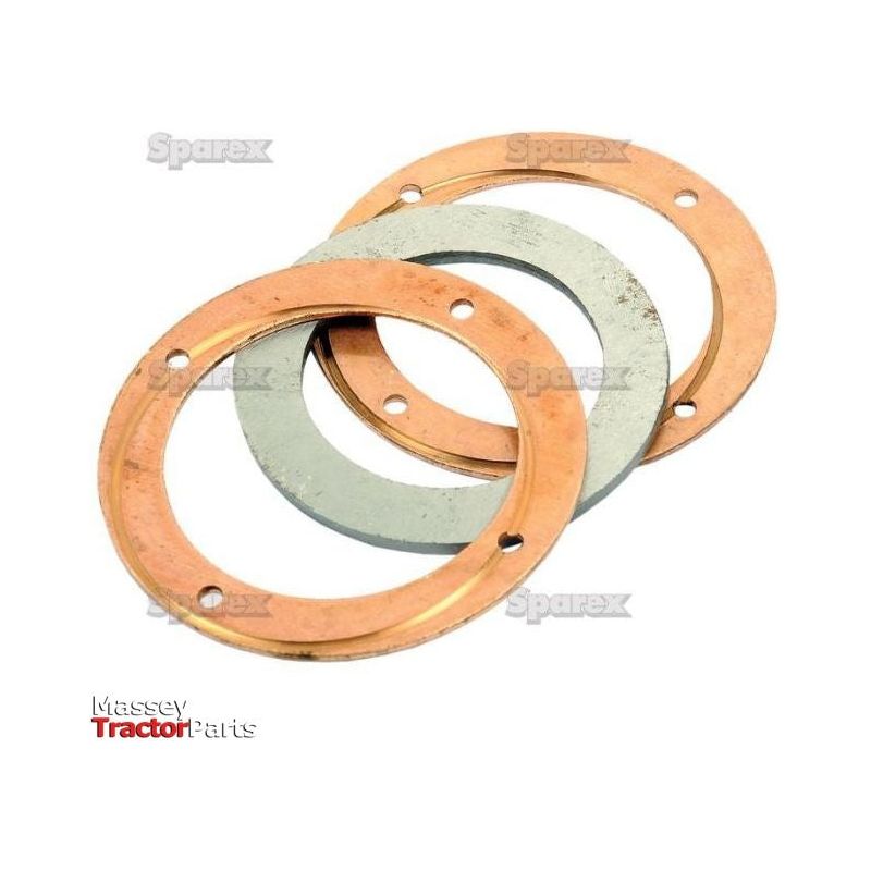 Three metallic gaskets of varying materials and sizes are displayed overlapping each other. The words "Sparex" and "Massey Tractor Parts" are visible in the image, suggesting high-quality parts like those found in the Main Input Shaft Washer Kit (Sparex Part No.S.68239).