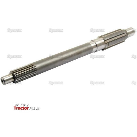 Close-up of a metal tractor part with splines on both ends. The background is white, and the words "Massey Tractor Parts" and "Sparex" appear faintly in the image. This Main Shaft (Sparex Part No.S.43436) is compatible with Massey Ferguson 265 models, ensuring reliable performance.