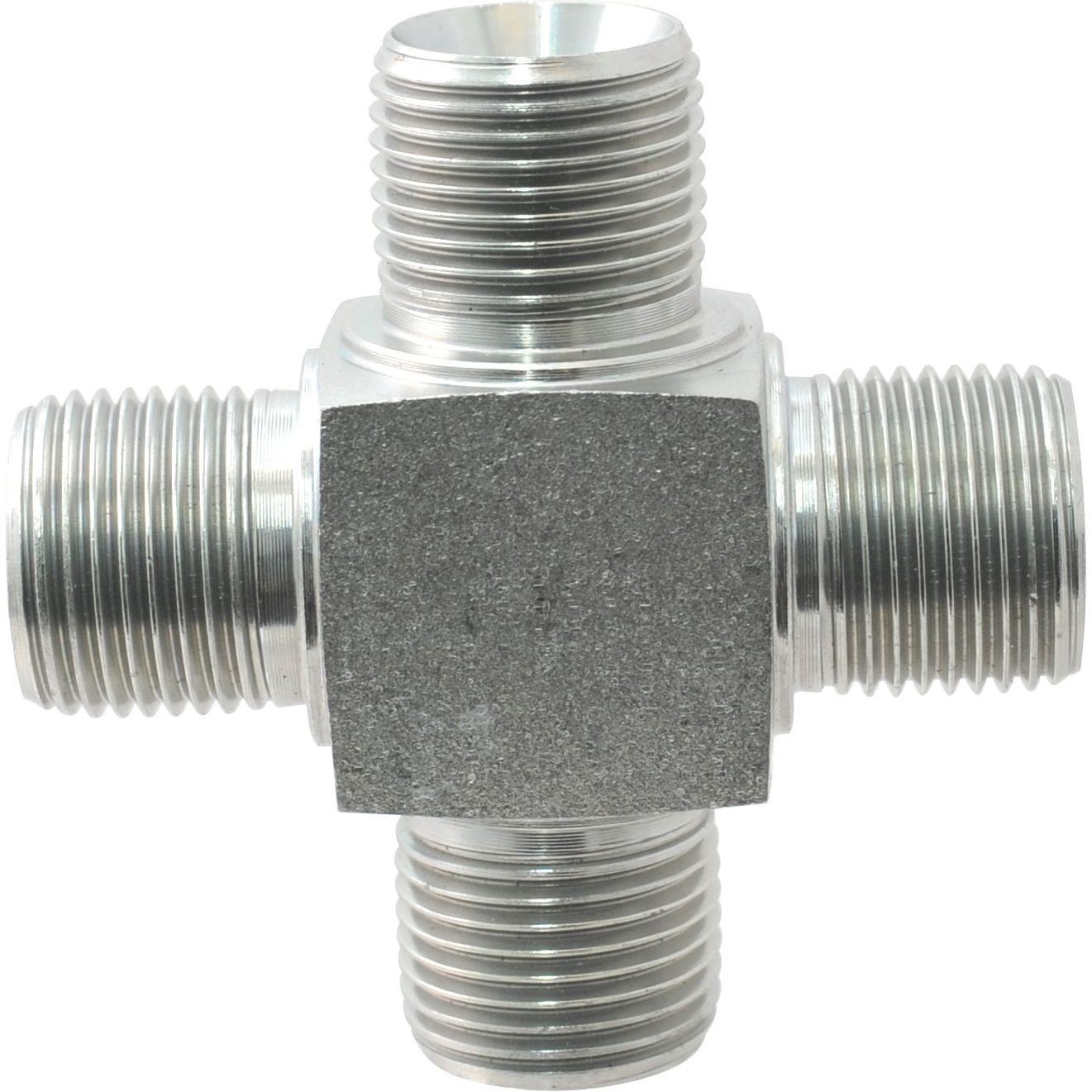 A 3/8'' BSP Male Cross from Sparex, featuring a metal pipe fitting with four threaded arms arranged in a cross shape, designated as Sparex Part No. S.136012.