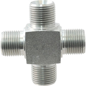 A 3/8'' BSP Male Cross from Sparex, featuring a metal pipe fitting with four threaded arms arranged in a cross shape, designated as Sparex Part No. S.136012.