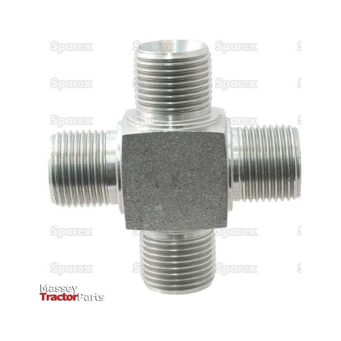 A silver Male Cross with 3/8'' BSP threaded ends, used to connect pipes at right angles. The image features the "Massey Tractor Parts" and "Sparex" logos in the background. This product is known as Male Cross - 3/8'' BSP | Sparex Part No.S.136012 and is manufactured by the brand Sparex.