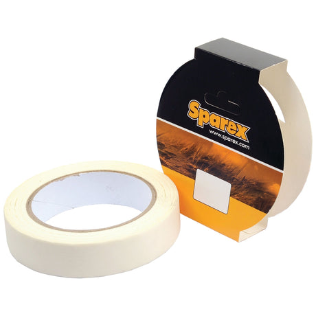 A 25mm wide roll of masking tape, measuring 50m in length and labeled with Sparex Part No. S.4598, is shown next to its black and orange packaging featuring the brand name "Sparex" and the website "sparex.com.