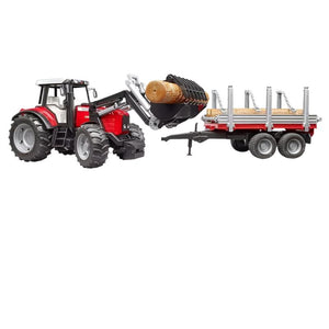 The Bruder Massey Ferguson 7480 with frontloader and timber trailer 1:16 (T020460) by Gallaghers, introduced in 2019, is a red toy tractor carrying logs in its front loader and on the attached log trailer. This detailed replica provides endless fun for little farmers.