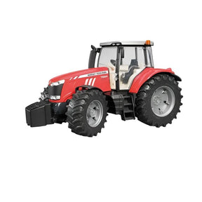 A red toy model of the Gallaghers Bruder - Massey Ferguson 7624 1:16 tractor with large black tires and detailed features. The image includes a logo with the text "Massey Tractor Parts" in the bottom left corner.