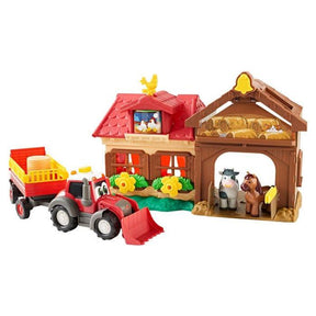 The "Massey Ferguson - Massey Happy Farmhouse - X993250011000" by AGCO features a red tractor with a yellow trailer, a barn, a stable housing both a horse and cow, hay bales, flowers, and even a chicken perched on the roof. It's ideal for children to delve into the world of agriculture.