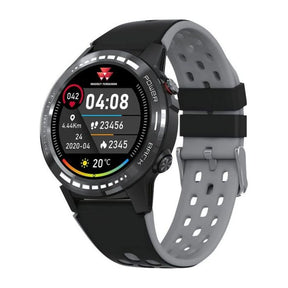 The AGCO Massey Ferguson - Old Massey Logo Smartwatch - X993392102000 displays the time (04:08), date (2020-04), weather (20°C), step count (423,465), calories burned (23,456), activity distance (4.44 km), heart rate (124 bpm), and charge status.