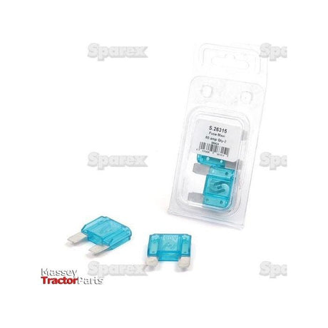 Image of three blue Maxi Blade Fuse 60 Amps, two placed on a white surface and one inside clear plastic packaging labeled "Sparex Part No. S.26315".