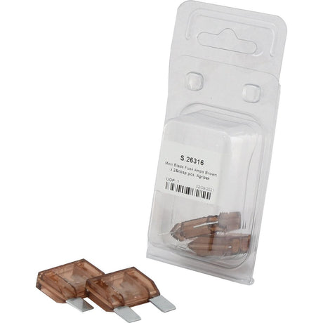 Two brown Maxi Blade Fuses with metal prongs are shown next to a Sparex package labeled "S.26316 Maxi Blade Fuse 70 Amps Brown." The package contains several similar fuses.