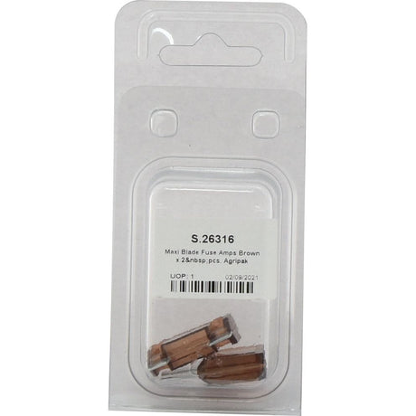 Plastic packaging containing two brown Maxi Blade Fuses, labeled "Maxi Blade Fuse 70 Amps Brown x 2 pcs. Agripak" from Sparex.