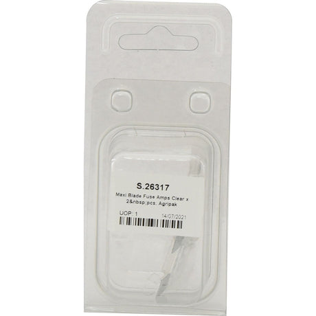 A package containing a maxi blade fuse. The label reads "Maxi Blade Fuse 80 Amps Clear x 2 pcs. Agripak | Sparex Part No. S.26317, UOP 1, 14/07/2021.
