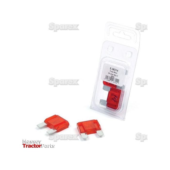 Displayed are three red automotive Maxi Blade Fuses. Two are loose, and one is packaged in clear plastic labeled "S.26314," indicating 50 Amps. The Massey Tractor Parts logo along with the text "Sparex" is visible in the background.
