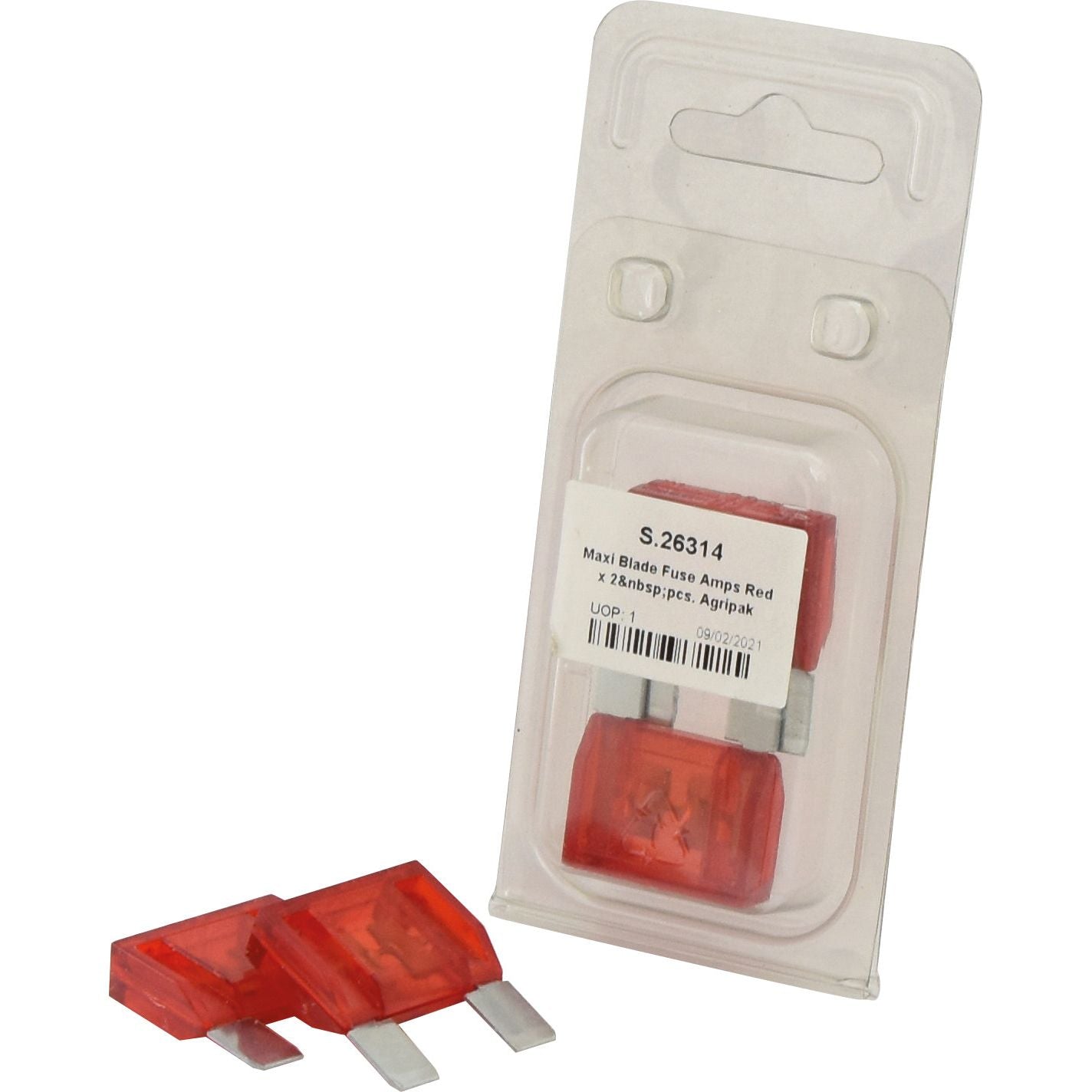 A packaged set of two 50 Amp red Maxi Blade Fuses from the brand Sparex, labeled "S.26314" and accompanied by specifications, with an additional two fuses placed outside the packaging.