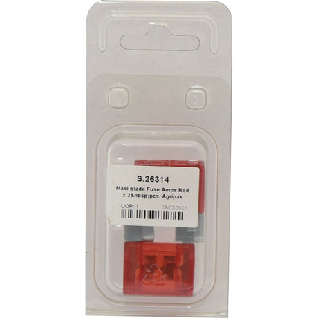 Packaging of Sparex Maxi Blade Fuse, 50 Amps in red, containing two pieces. The label includes the text “Sparex Part No.S.26314,” “Maxi Blade Fuse 50 Amps Red x 2 pcs. Agripak” along with Sparex manufacturing information.
