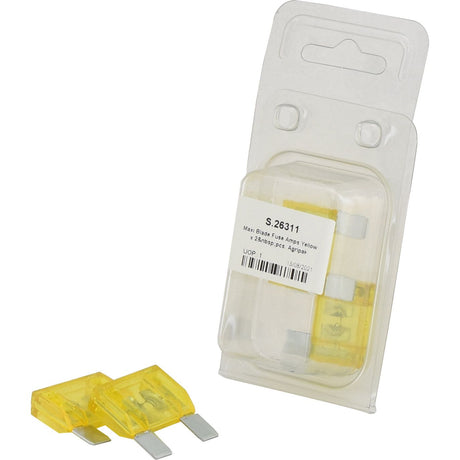 A package of two yellow Maxi Blade Fuses, labeled as "Maxi Blade Fuse 20 amps Yellow x 2 pcs. Agripak" by Sparex, with one fuse outside of the packaging for display.