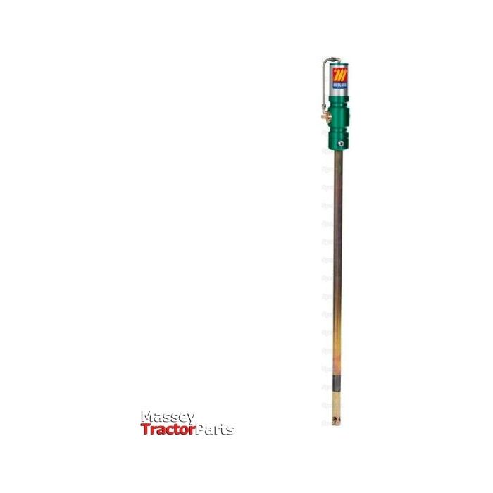 A long metal rod with a green handle and attached machinery is shown, resembling components of the Sparex Pneumatic Grease Pump - 180-220kgs - S.156550. The text "Massey Tractor Parts" is at the bottom left.