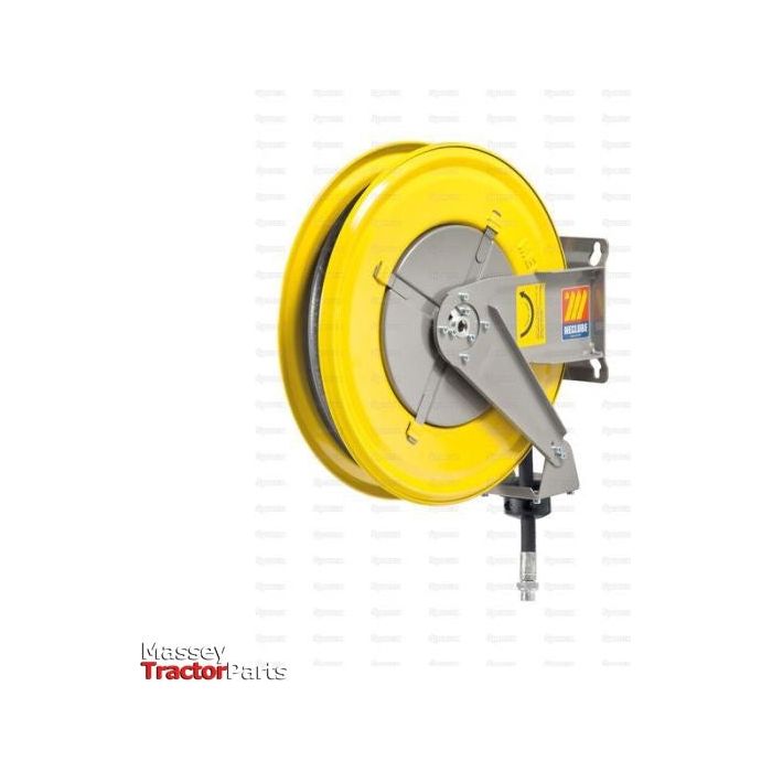 The Sparex Retractable Hose Reel Oil, 1/2'' x 15M - S.156535, features a yellow and gray reel mounted on a sturdy metal bracket with an accessible fitting at the bottom. It comes equipped with a durable synthetic black rubber hose and is displayed against a plain background. The text in the corner reads "Massey Tractor Parts.