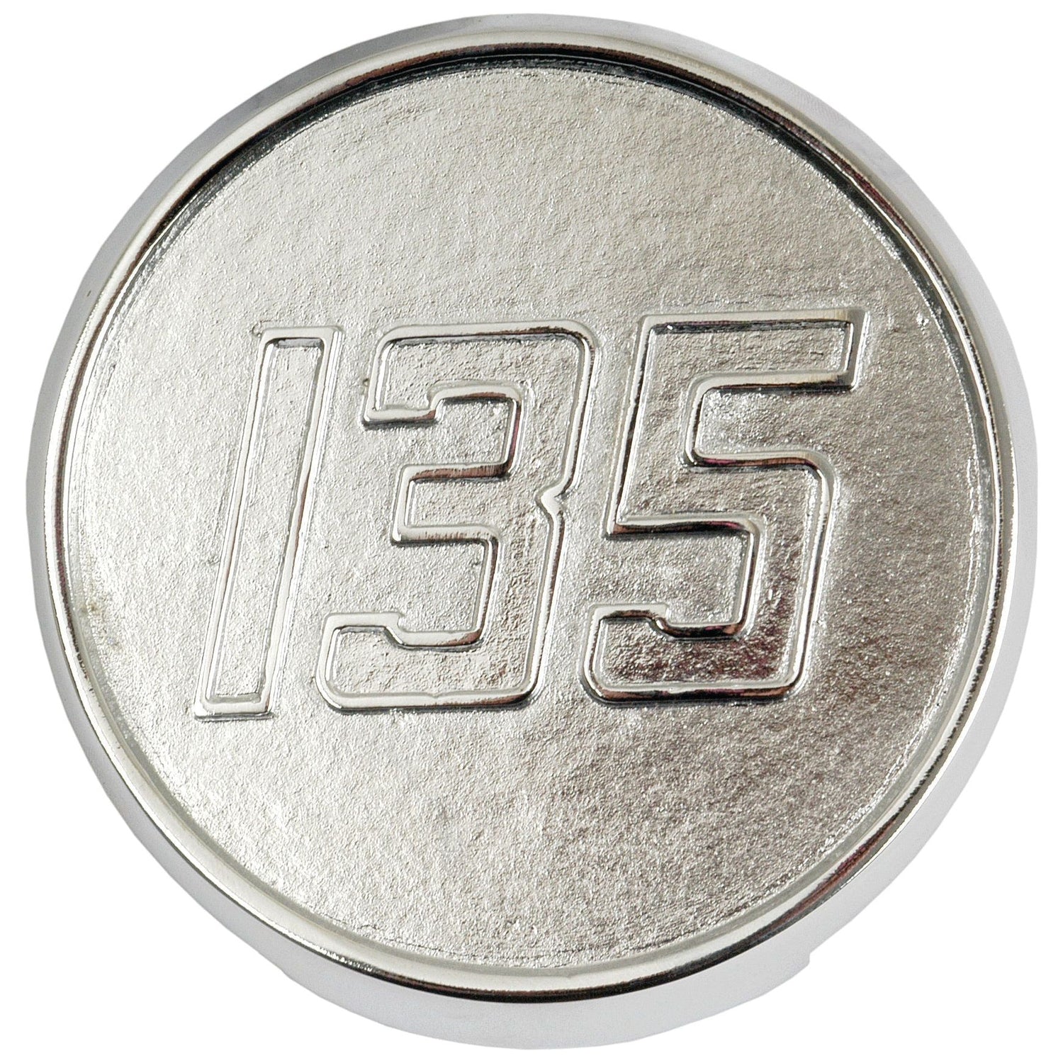 A round, chrome metal medallion with "135" engraved on it, specifically the Medallion - Massey Ferguson 135 by Sparex (Sparex Part No. S.43793).